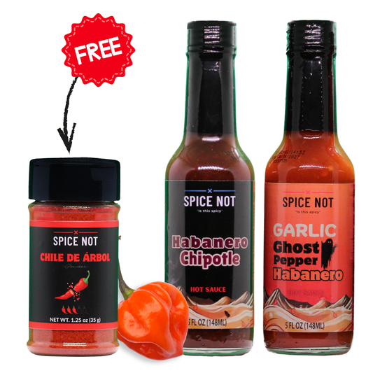 The Ultimate Spicy Trio | Includes The Chile De Árbol Powder, Habanero Chipotle Hot sauce, & Garlic Ghost Pepper Habanero Hot Sauce